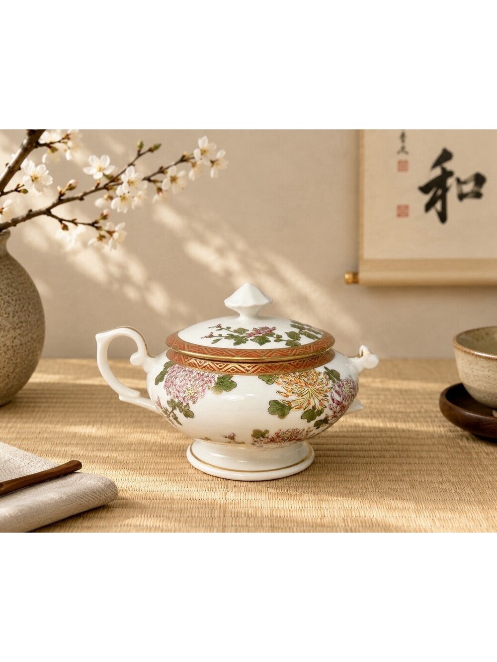 Noritake Nippon 1910s Maruki Mark Eggshell Porcelain Sugar Bowl, 4x5” DAMAGED